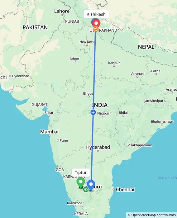 Route map showing distance and travel time from Tiptur, India to Rishikesh, India