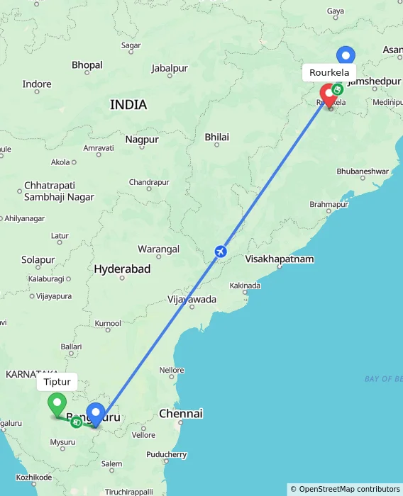 Route map showing distance and travel time from Tiptur, India to Rourkela, India