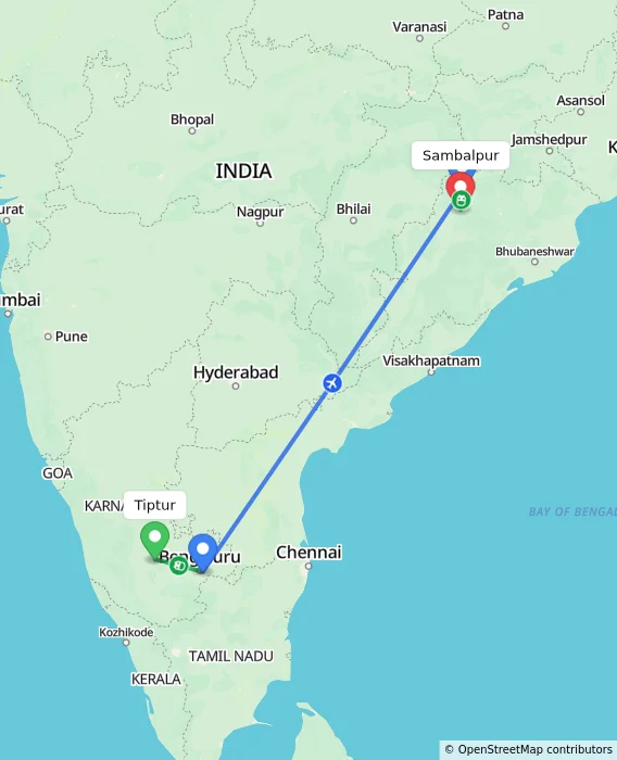 Route map showing distance and travel time from Tiptur, India to Sambalpur, India