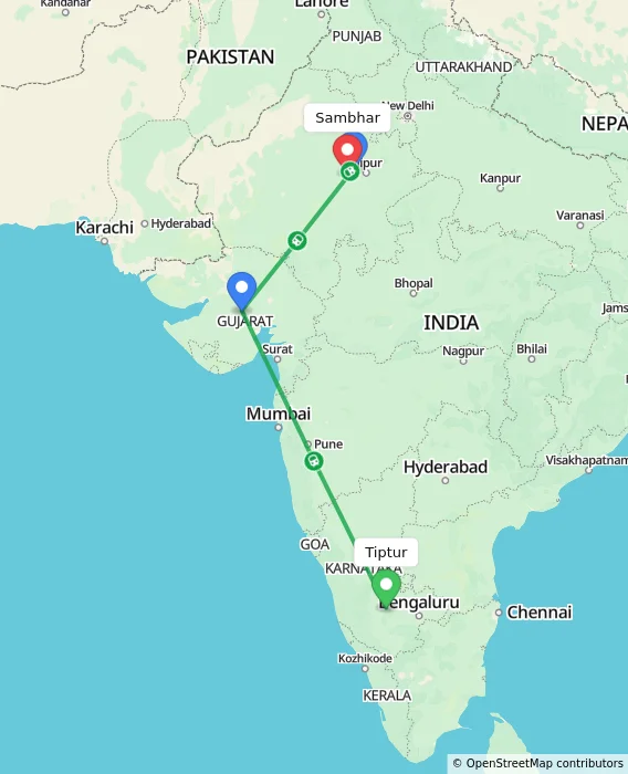 Route map showing distance and travel time from Tiptur, India to Sambhar, India