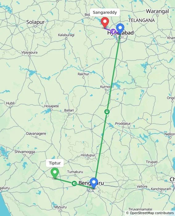 Route map showing distance and travel time from Tiptur, India to Sangareddy, India