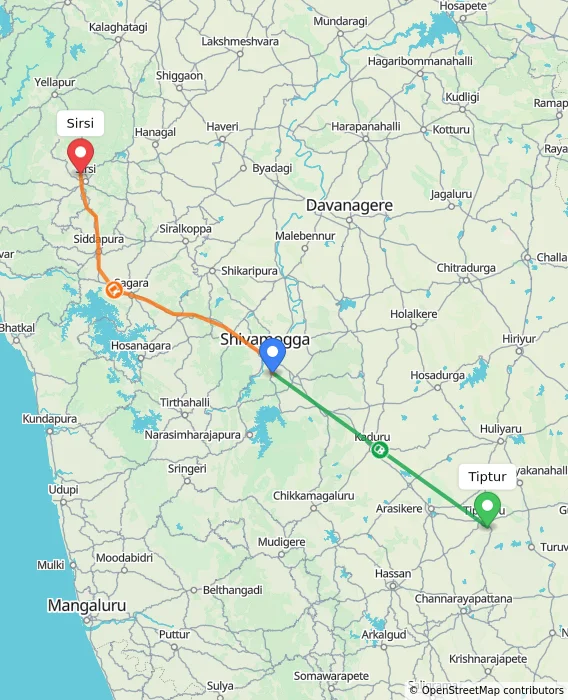 Route map showing distance and travel time from Tiptur, India to Sirsi, India