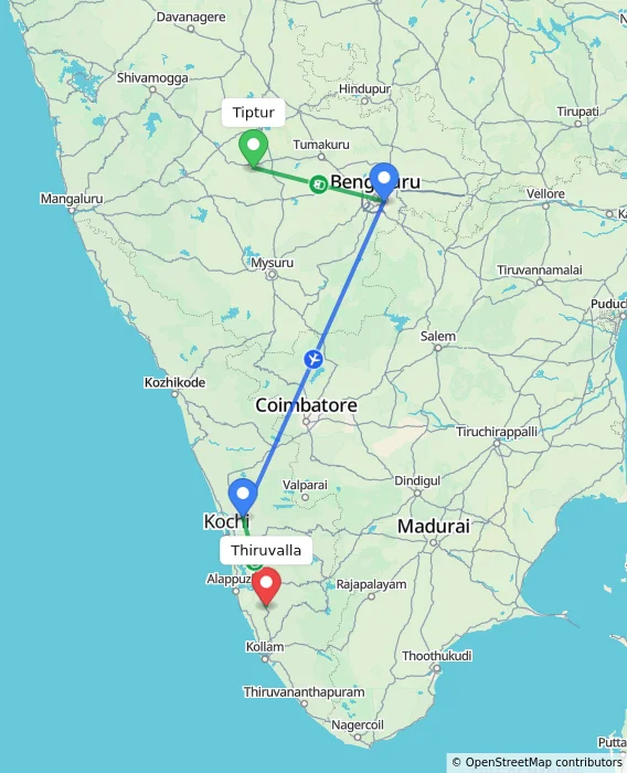 Route map showing distance and travel time from Tiptur, India to Thiruvalla, India