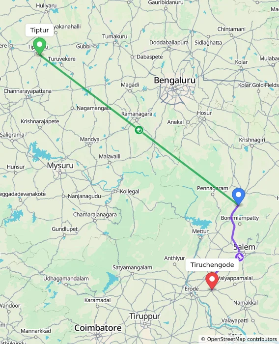 Route map showing distance and travel time from Tiptur, India to Tiruchengode, India