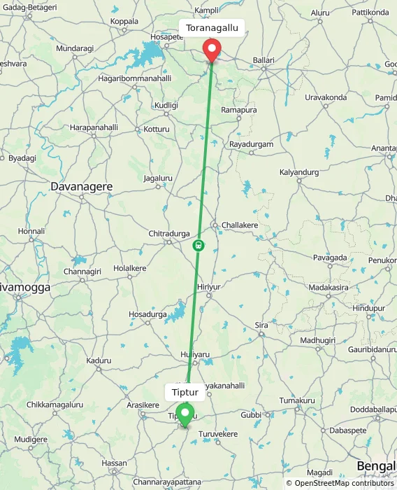 Route map showing distance and travel time from Tiptur, India to Toranagallu, India