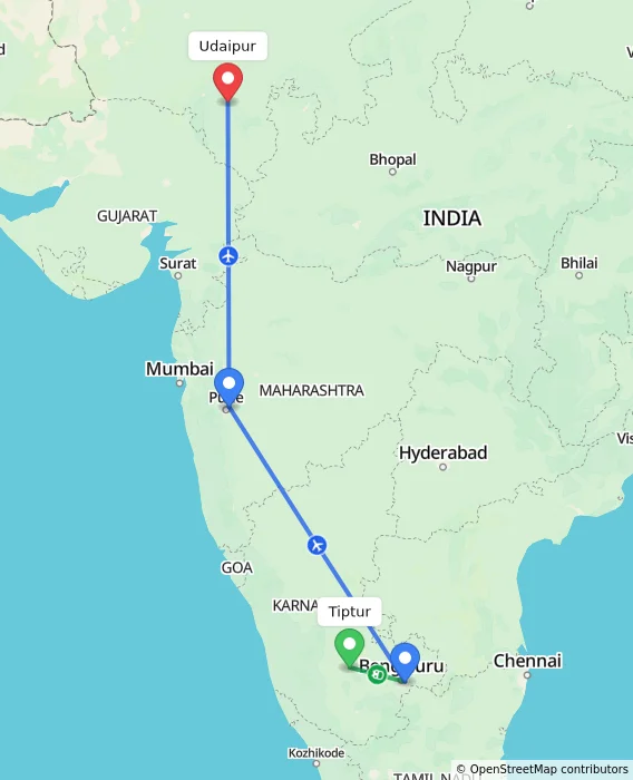 Route map showing distance and travel time from Tiptur, India to Udaipur, India