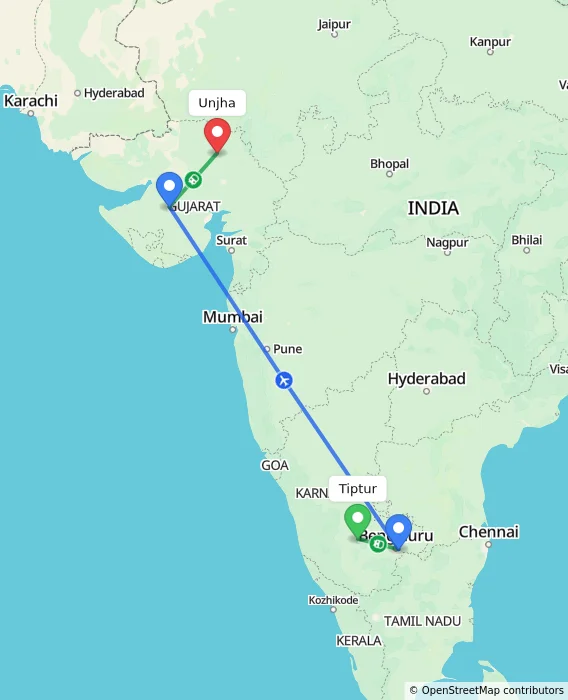 Route map showing distance and travel time from Tiptur, India to Unjha, India