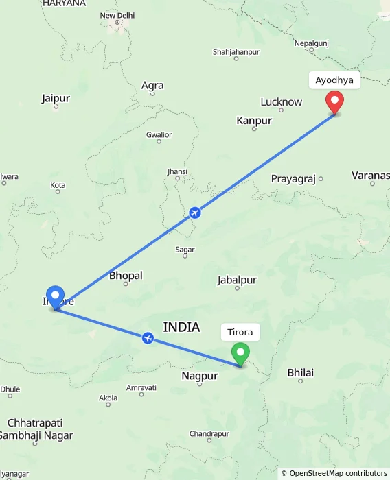 Route map showing distance and travel time from Tirora, India to Ayodhya, India