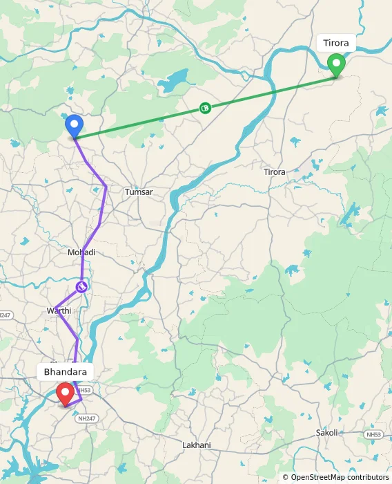 Route map showing distance and travel time from Tirora, India to Bhandara, India