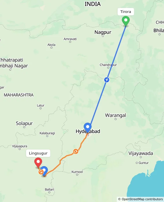 Route map showing distance and travel time from Tirora, India to Lingsugur, India