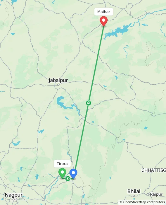 Route map showing distance and travel time from Tirora, India to Maihar, India