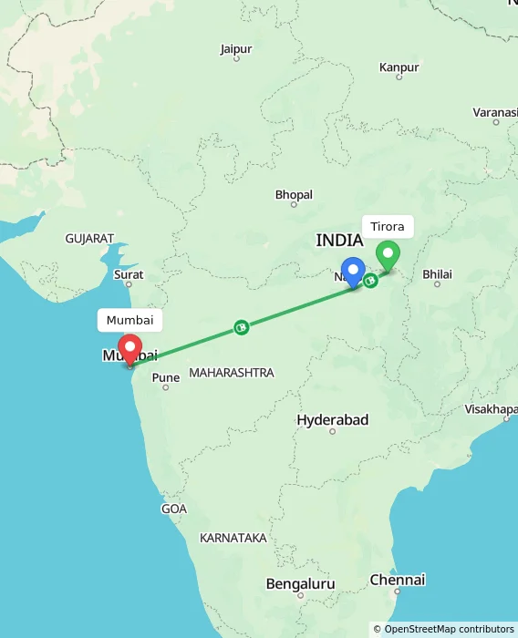 Route map showing distance and travel time from Tirora, India to Mumbai, India
