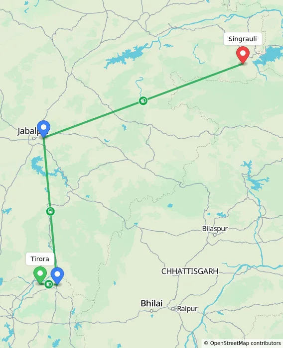 Route map showing distance and travel time from Tirora, India to Singrauli, India