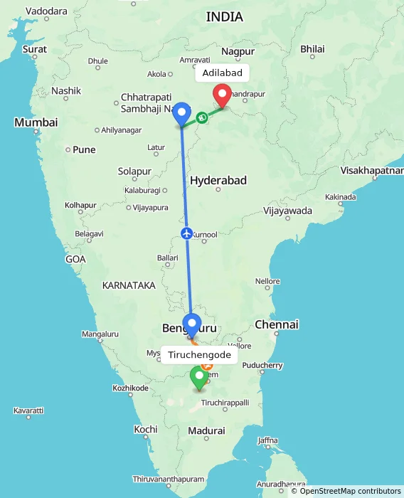Route map showing distance and travel time from Tiruchengode, India to Adilabad, India