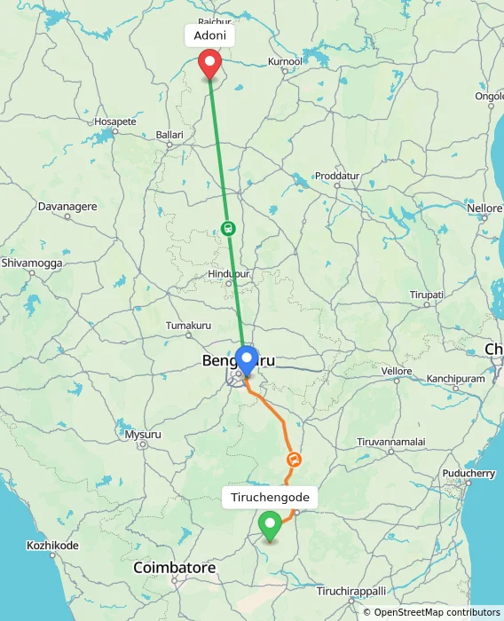 Route map showing distance and travel time from Tiruchengode, India to Adoni, India