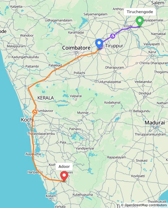 Route map showing distance and travel time from Tiruchengode, India to Adoor, India