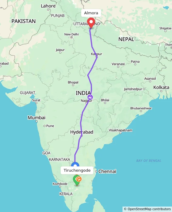 Route map showing distance and travel time from Tiruchengode, India to Almora, India