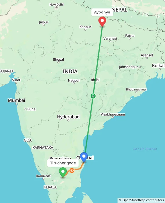 Route map showing distance and travel time from Tiruchengode, India to Ayodhya, India