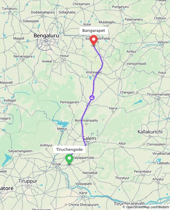 Route map showing distance and travel time from Tiruchengode, India to Bangarapet, India