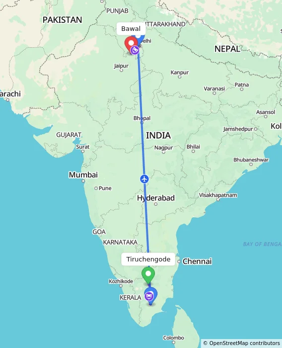 Route map showing distance and travel time from Tiruchengode, India to Bawal, India