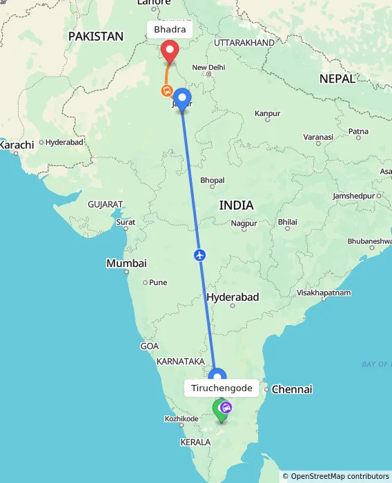 Route map showing distance and travel time from Tiruchengode, India to Bhadra, India