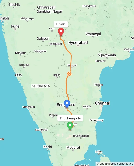 Route map showing distance and travel time from Tiruchengode, India to Bhalki, India
