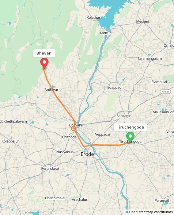 Route map showing distance and travel time from Tiruchengode, India to Bhavani, India