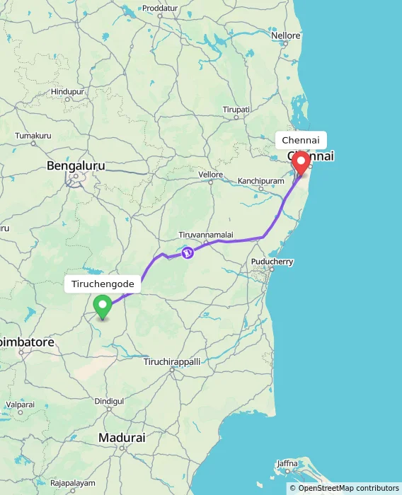 Route map showing distance and travel time from Tiruchengode, India to Chennai, India