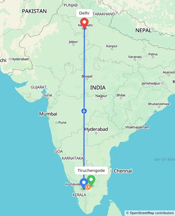 Route map showing distance and travel time from Tiruchengode, India to Delhi, India