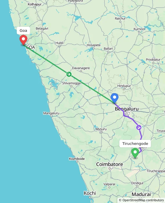Route map showing distance and travel time from Tiruchengode, India to Goa, India