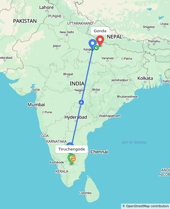 Route map showing distance and travel time from Tiruchengode, India to Gonda, India