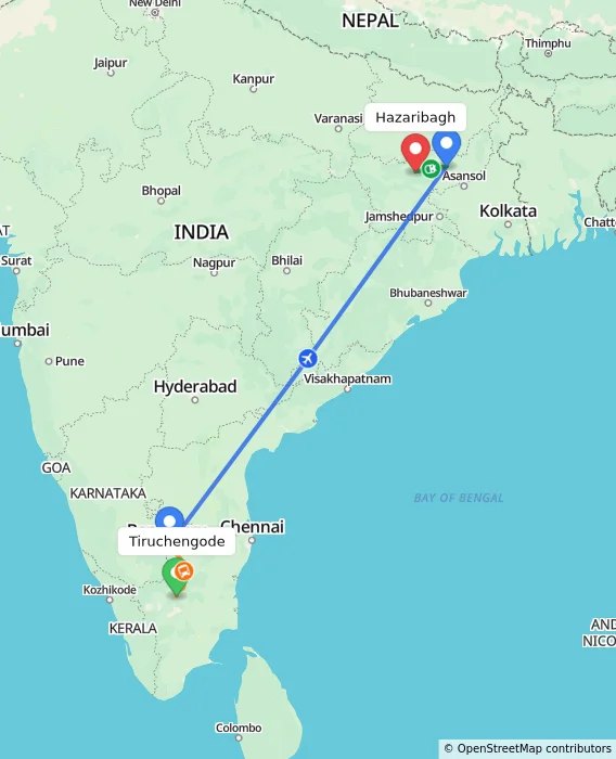 Route map showing distance and travel time from Tiruchengode, India to Hazaribagh, India
