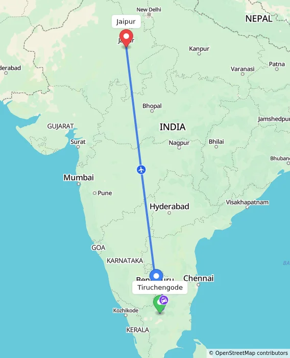 Route map showing distance and travel time from Tiruchengode, India to Jaipur, India