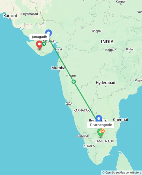 Route map showing distance and travel time from Tiruchengode, India to Junagadh, India