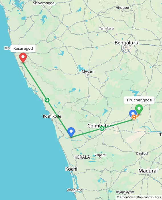 Route map showing distance and travel time from Tiruchengode, India to Kasaragod, India