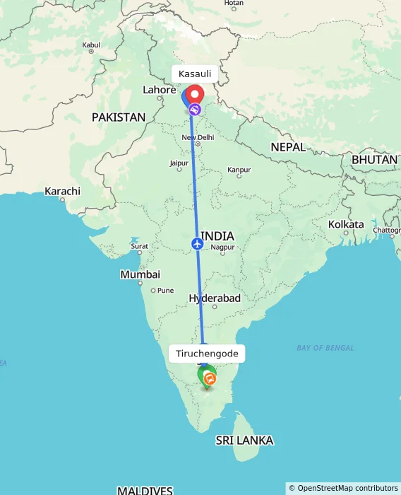 Route map showing distance and travel time from Tiruchengode, India to Kasauli, India