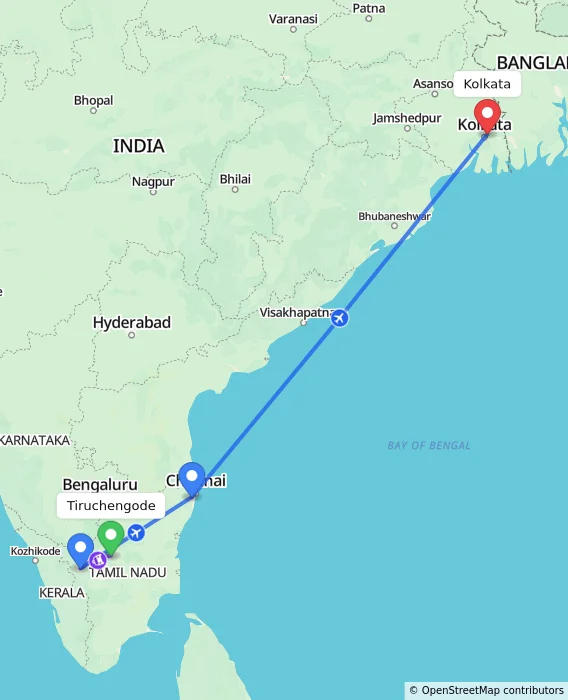 Route map showing distance and travel time from Tiruchengode, India to Kolkata, India