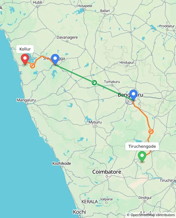 Route map showing distance and travel time from Tiruchengode, India to Kollur, India
