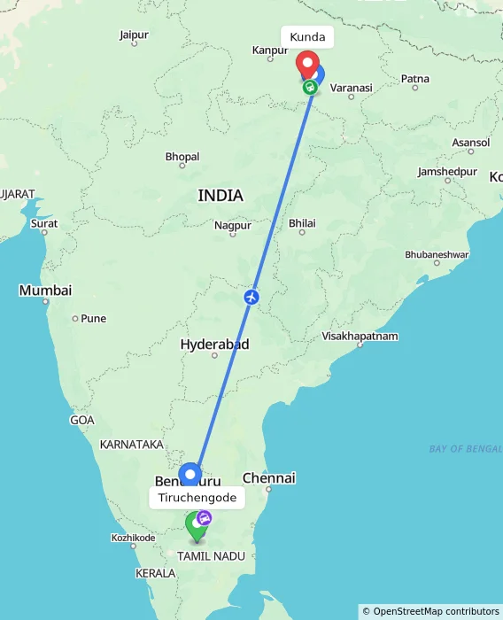 Route map showing distance and travel time from Tiruchengode, India to Kunda, India