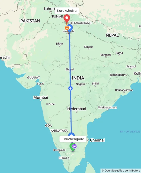Route map showing distance and travel time from Tiruchengode, India to Kurukshetra, India