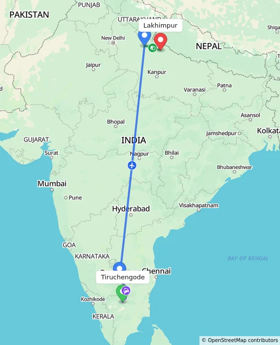 Route map showing distance and travel time from Tiruchengode, India to Lakhimpur, India