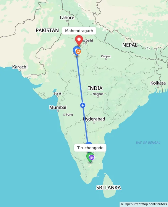 Route map showing distance and travel time from Tiruchengode, India to Mahendragarh, India