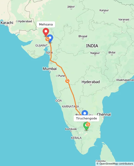Route map showing distance and travel time from Tiruchengode, India to Mehsana, India