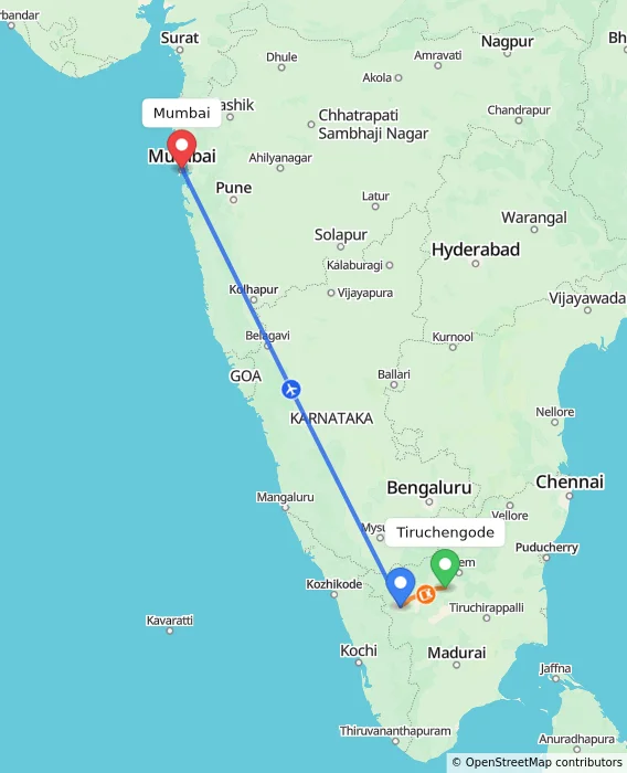 Route map showing distance and travel time from Tiruchengode, India to Mumbai, India