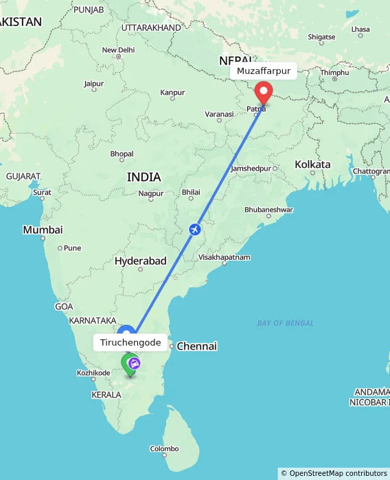 Route map showing distance and travel time from Tiruchengode, India to Muzaffarpur, India