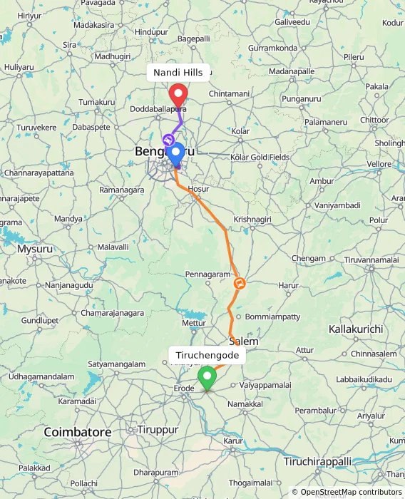 Route map showing distance and travel time from Tiruchengode, India to Nandi Hills, India