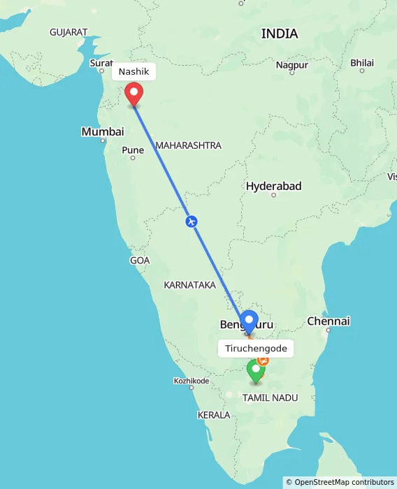 Route map showing distance and travel time from Tiruchengode, India to Nashik, India