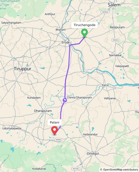 Route map showing distance and travel time from Tiruchengode, India to Palani, India