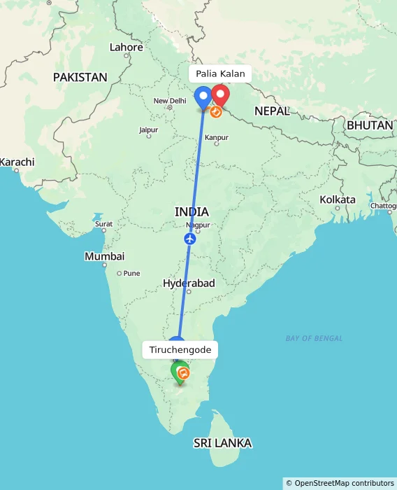 Route map showing distance and travel time from Tiruchengode, India to Palia Kalan, India