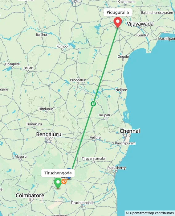 Route map showing distance and travel time from Tiruchengode, India to Piduguralla, India